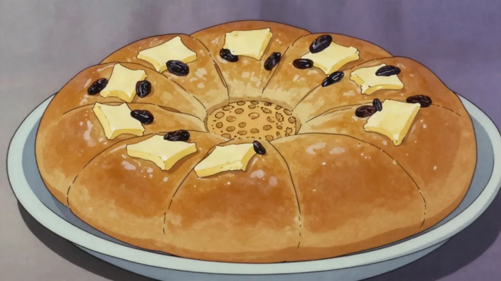 Himbasha, lightly sweet cardamom celebration bread scored in a wheel pattern, Eritrea bread & pastry, anime style