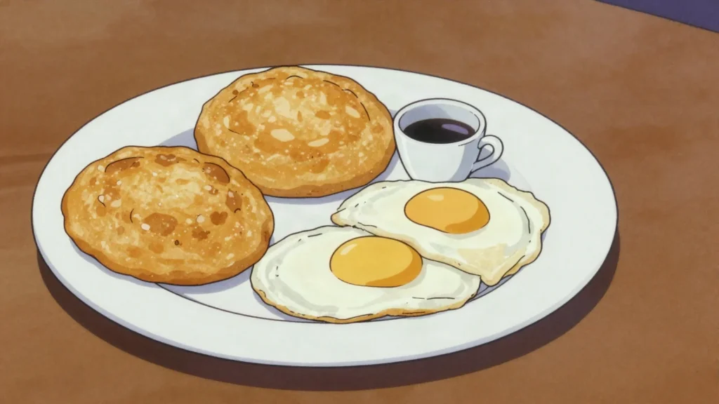 Hojaldre, fried dough eaten with eggs, cheese, or sausage, Panama breakfast, anime style
