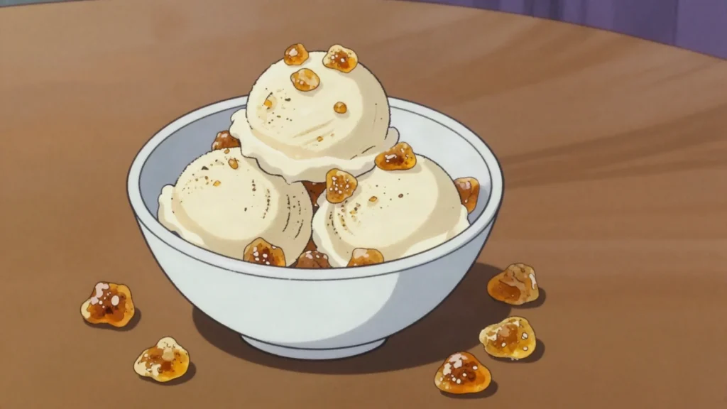 Hokey Pokey Ice Cream, vanilla ice cream studded with crunchy honeycomb toffee nuggets, New Zealand dessert, anime style
