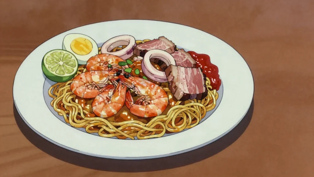 Hokkien Mee, prawn-stock braised noodles with squid, lime and sambal, Singapore main, anime style