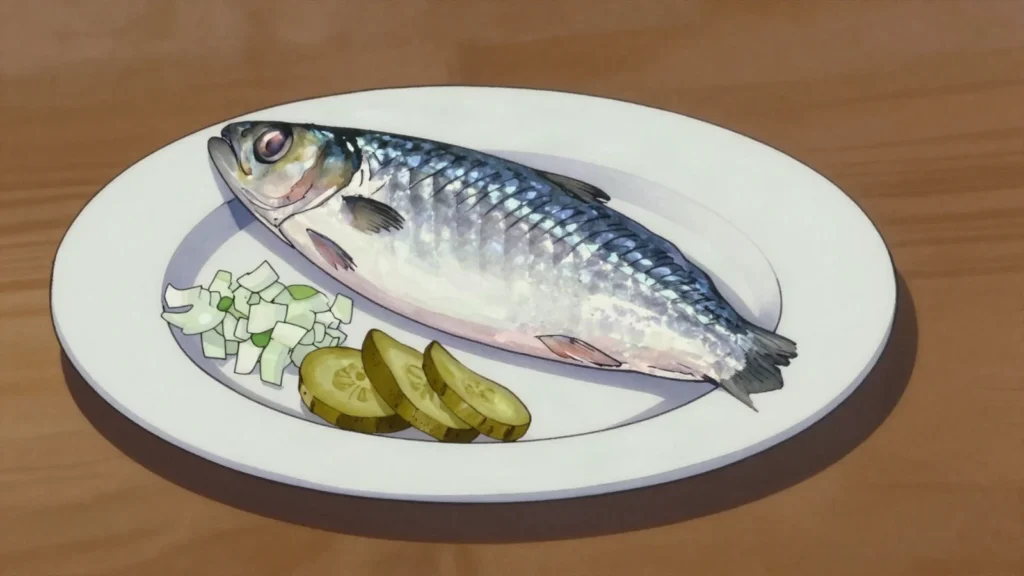 Hollandse Nieuwe, raw brined new herring with chopped onion, eaten whole, Netherlands street food, anime style