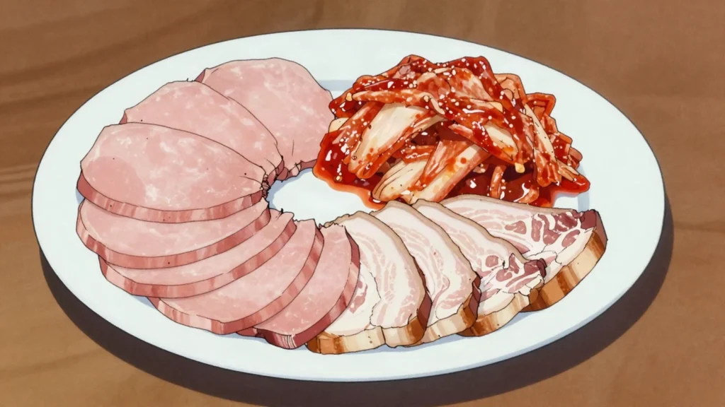 Hongeohoe, fermented skate sliced raw, so ammoniac it stings the nose and throat, South Korea main, anime style