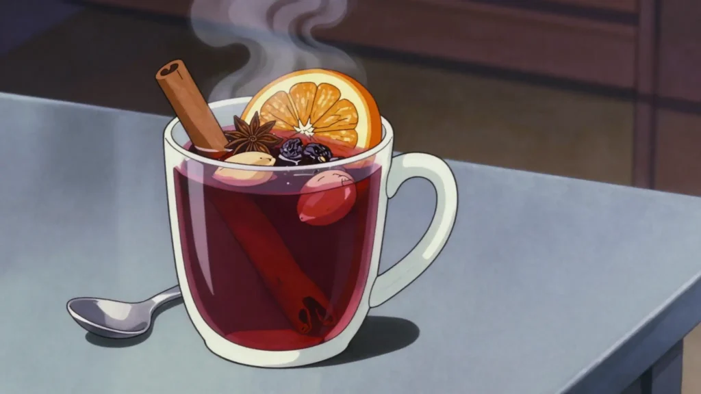 Hõõgvein, mulled wine with spices, sold in mugs at Tallinn's Christmas market, Estonia cocktail, anime style