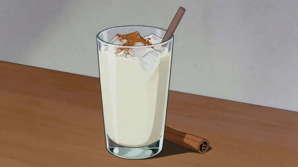 Horchata, sweet rice-cinnamon agua fresca served over ice, Mexico drink, anime style