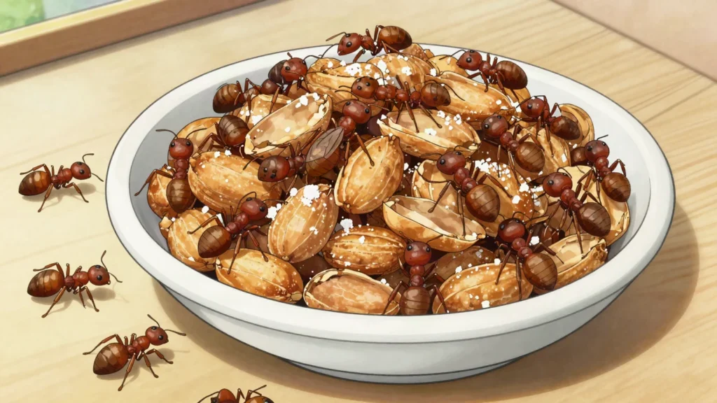 Hormigas culonas, toasted big-bottomed queen ants eaten salted, like nuts, Colombia snack, anime style