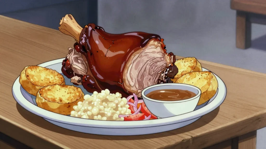 Hornado, slow-roasted whole pork served at markets with llapingachos and mote, Ecuador main, anime style