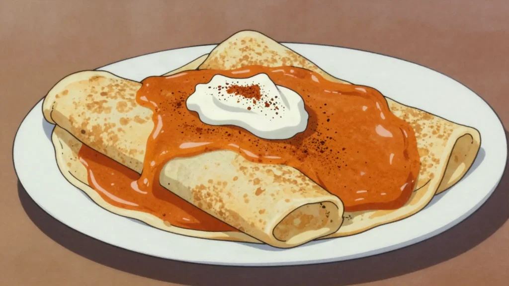 Hortobágyi palacsinta, savory crepes filled with paprikash meat, gratinéed in sauce, Hungary main, anime style