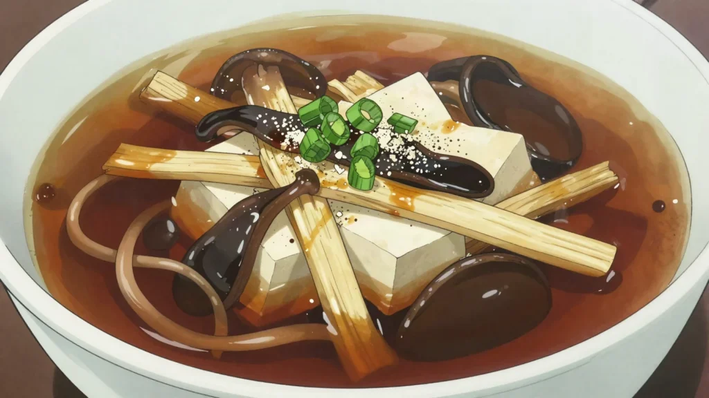 Hot and Sour Soup, peppery vinegar-laced soup with tofu, bamboo shoots, wood-ear mushroom, China soup & stew, anime style