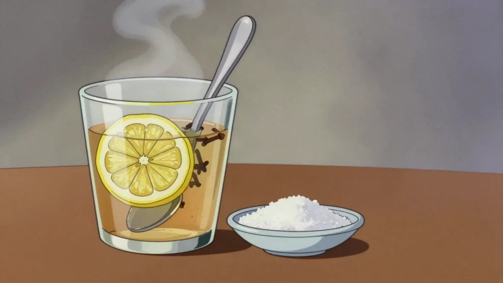 Hot whiskey, irish whiskey with hot water, sugar and lemon studded with cloves, Ireland cocktail, anime style
