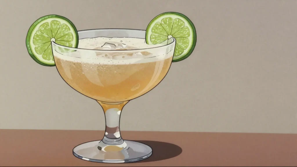 Hotel Nacional, aged rum with apricot brandy, pineapple and lime, shaken and strained, Cuba cocktail, anime style