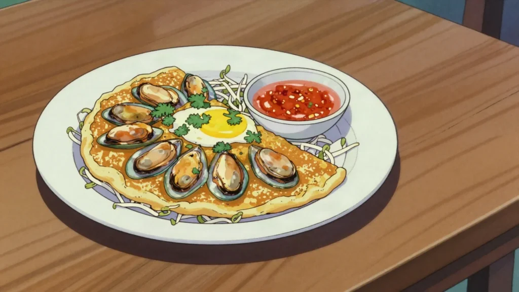 Hoy Tod, crisp-chewy batter fried with mussels or oysters and egg, served with sriracha, Thailand street food, anime style
