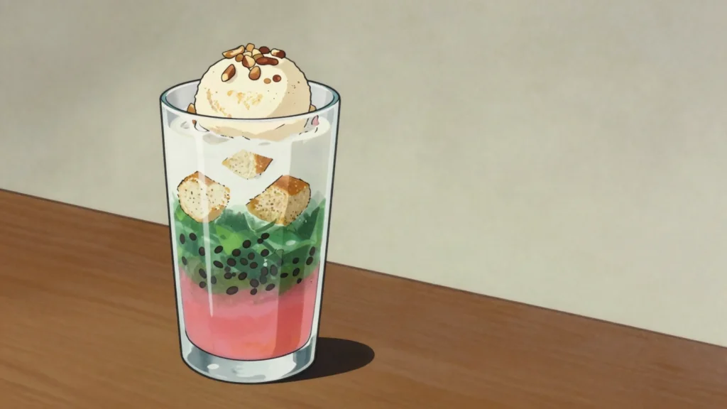 Hpaluda, layered glass of rose syrup, jelly, ice cream, milk and bread crumbs, Myanmar dessert, anime style