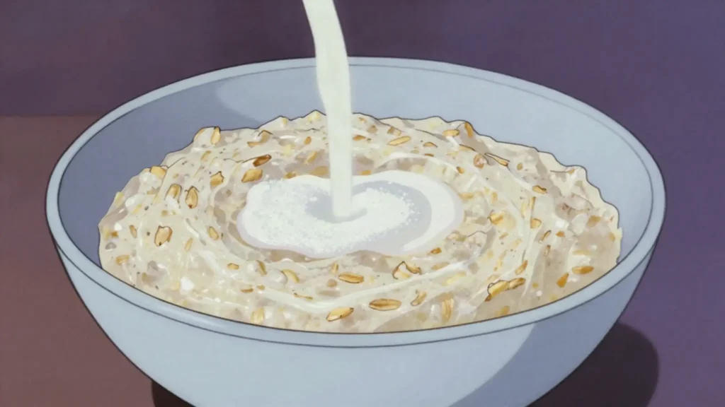 Hræringur, skyr stirred into oat porridge and eaten with milk and sugar, Iceland breakfast, anime style