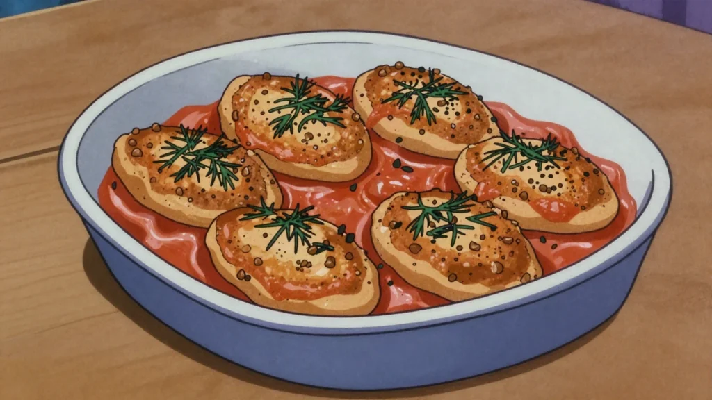 Hrechanyky, meat patties bound with buckwheat porridge, fried then baked in sauce, Ukraine main, anime style
