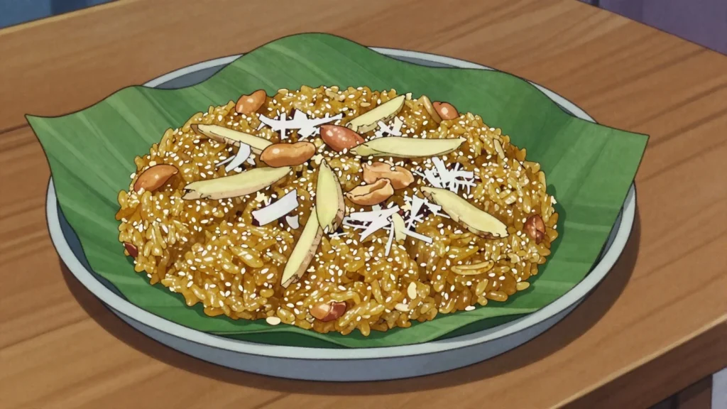 Htamane, festival sticky rice kneaded with peanuts, sesame, ginger and oil, Myanmar snack, anime style