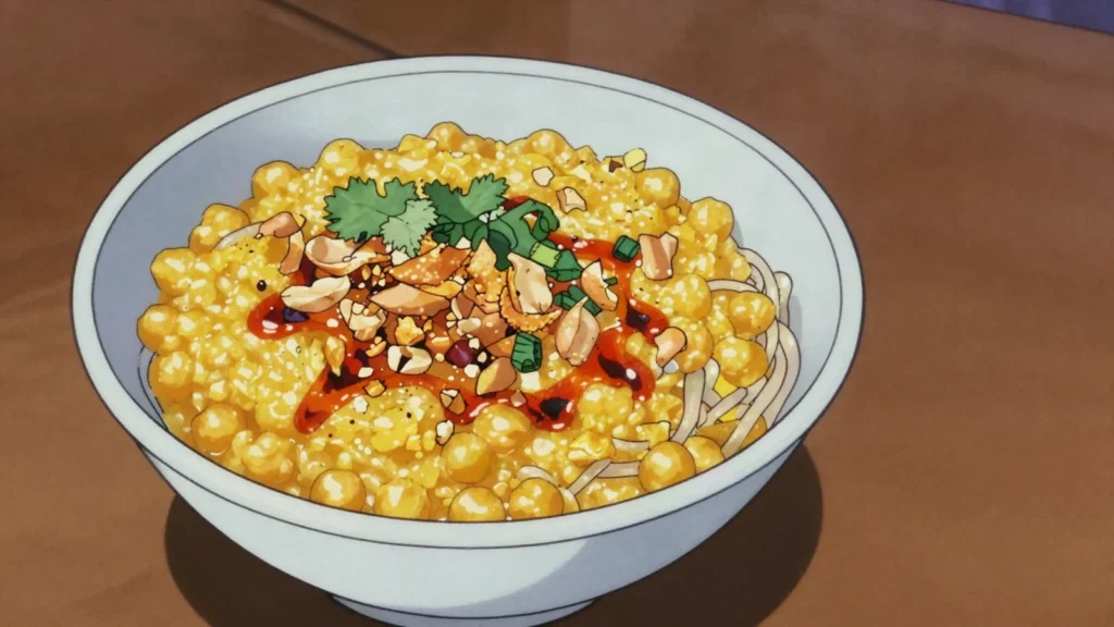 Hto Hpu Nwe, warm chickpea-flour tofu porridge topped with rice noodles, chilli oil and, Myanmar breakfast, anime style
