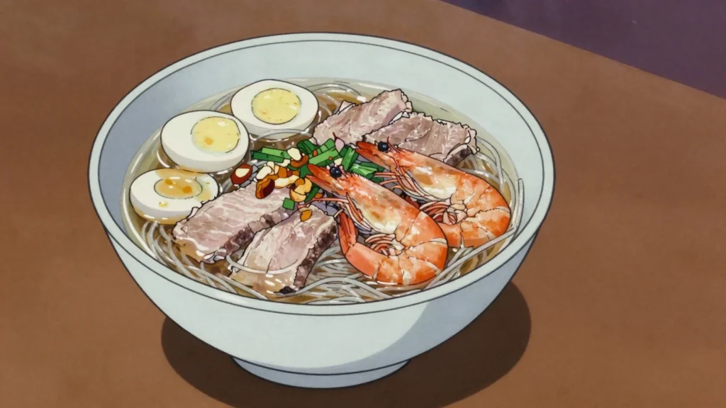 Hu Tieu, southern pork-and-seafood noodle soup, served clear or dry, Vietnam soup & stew, anime style