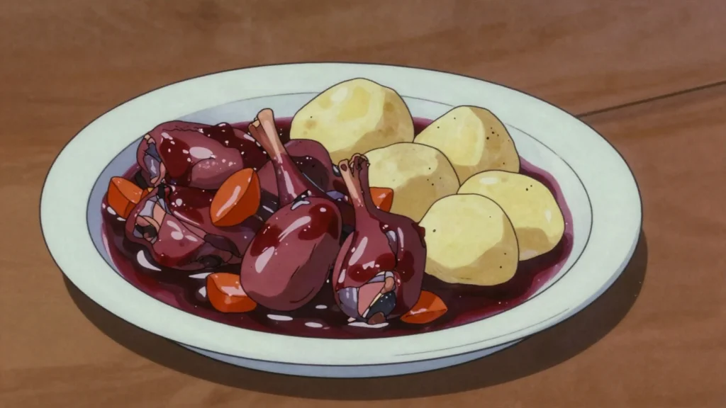 Huesenziwwi, hare jugged in red wine and its own blood, an autumn game dish, Luxembourg main, anime style