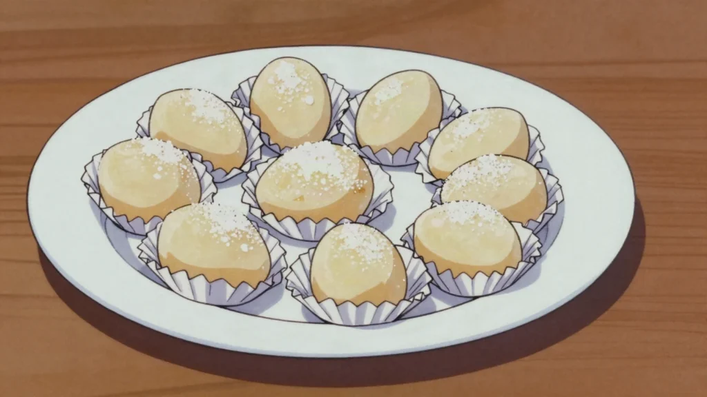 Huevitos de leche, little milk-fudge sweets rolled into egg shapes and dusted with sugar, Panama dessert, anime style