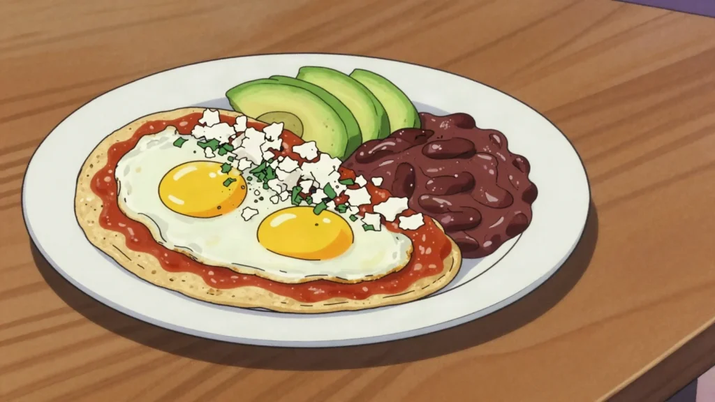 Huevos rancheros, fried eggs on tortillas bathed in ranchero salsa, Mexico breakfast, anime style