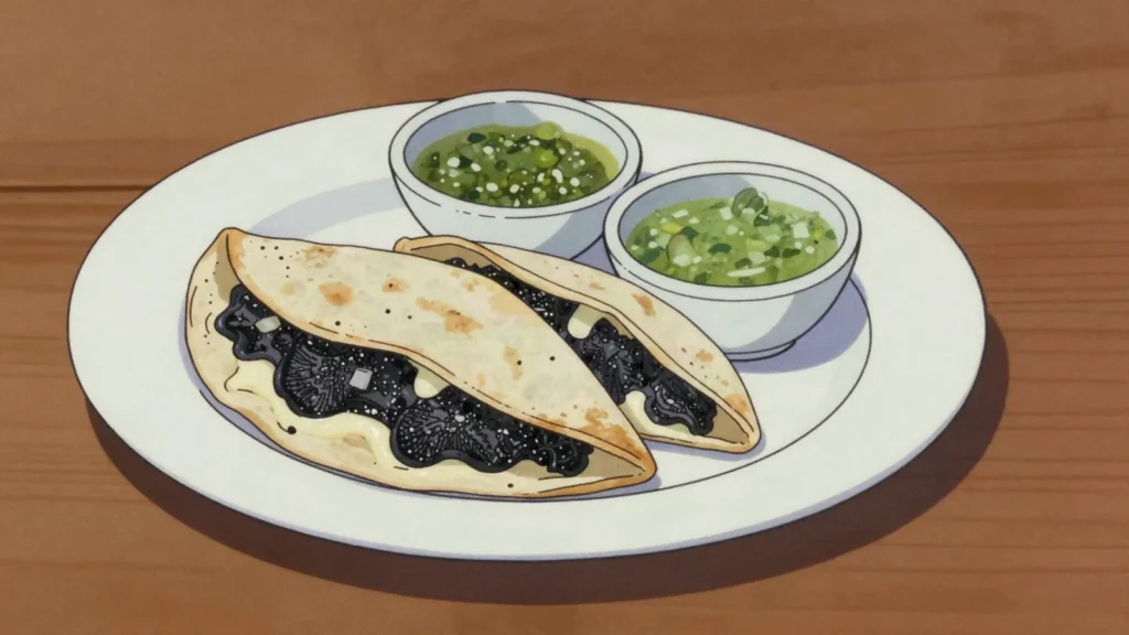 Huitlacoche, inky corn fungus cooked with onion and epazote, folded into quesadillas, Mexico main, anime style