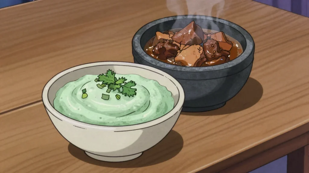 Hulba, whipped fenugreek foam stirred into stews, Yemen sauce & condiment, anime style