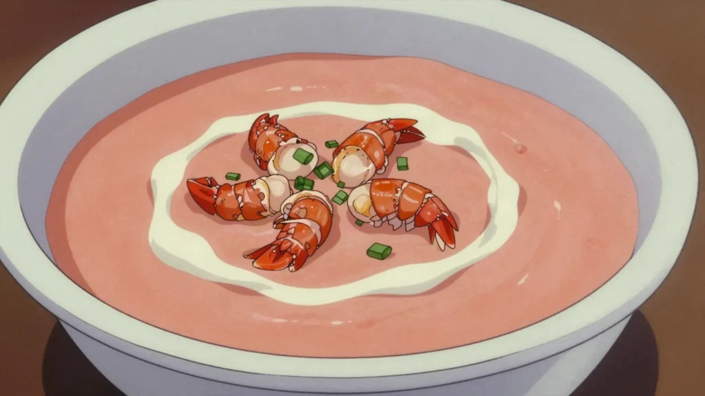 Humarsúpa, creamy langoustine bisque, Reykjavik harbour favourite, Iceland soup & stew, anime style
