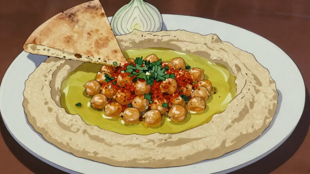 Hummus, warm chickpea-tahini plates wiped with pita; hummusiot debate toppings, Israel salad & side, anime style
