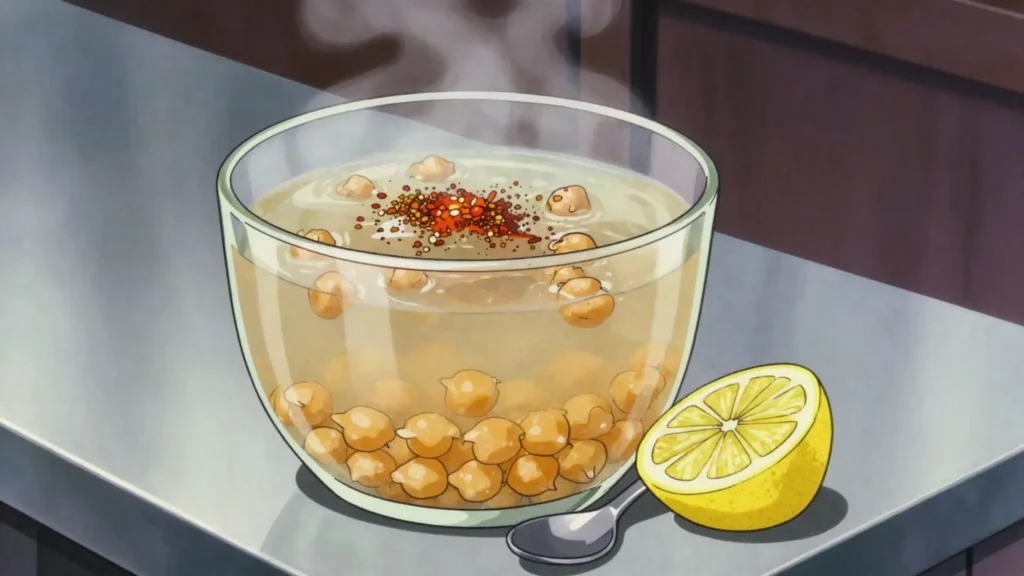 Hummus el Sham, hot chickpea broth with cumin and lemon, drunk from a cup on winter streets, Egypt street food, anime style
