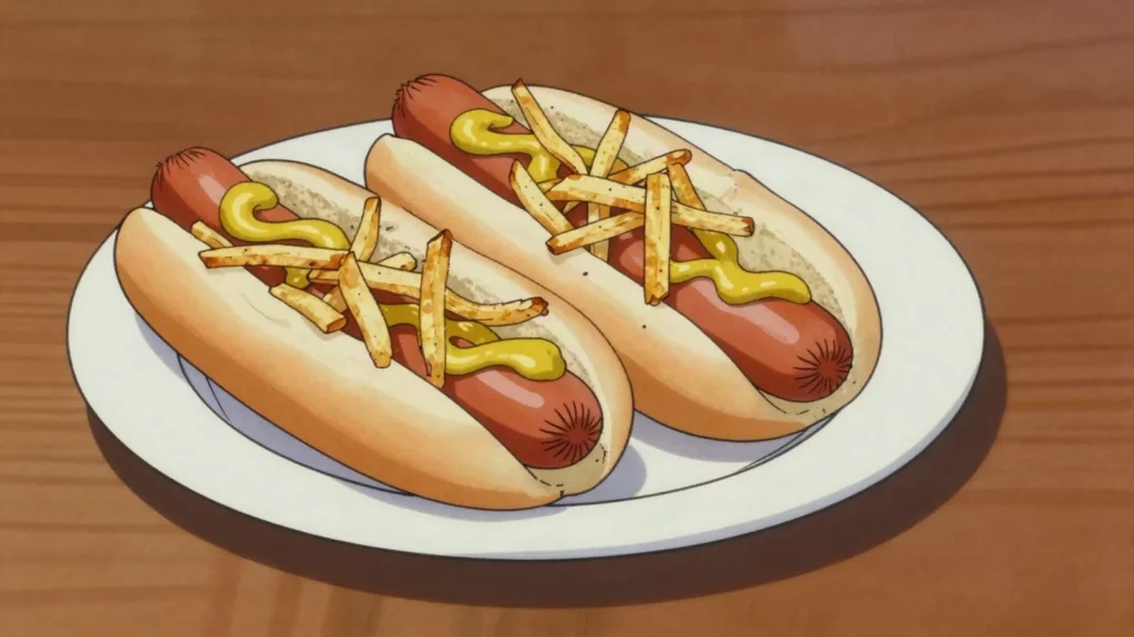 Húngaros, spicy smoked sausage split, grilled and served in a bread roll, Uruguay street food, anime style