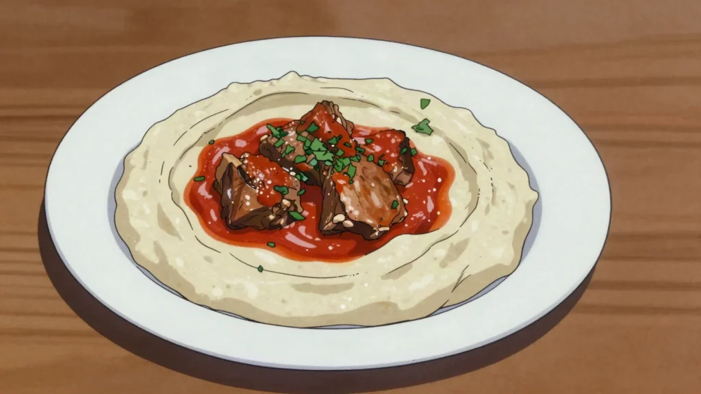 Hunkar begendi, lamb stew spooned over smoky aubergine béchamel, Turkey main, anime style