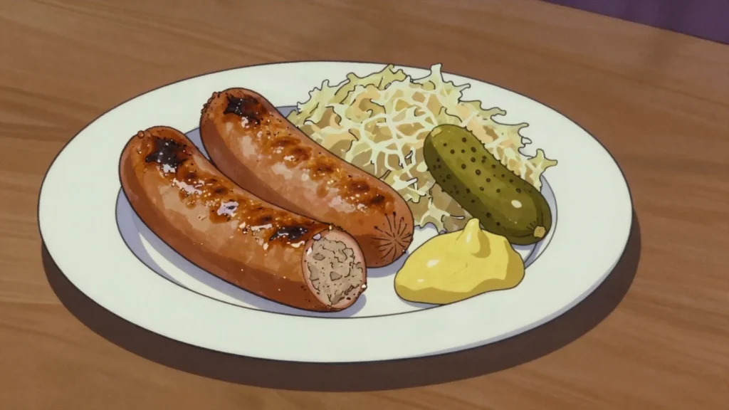 Hurka, liver or blood sausage bulked with rice, fried until the skin crisps, Hungary charcuterie & cured, anime style