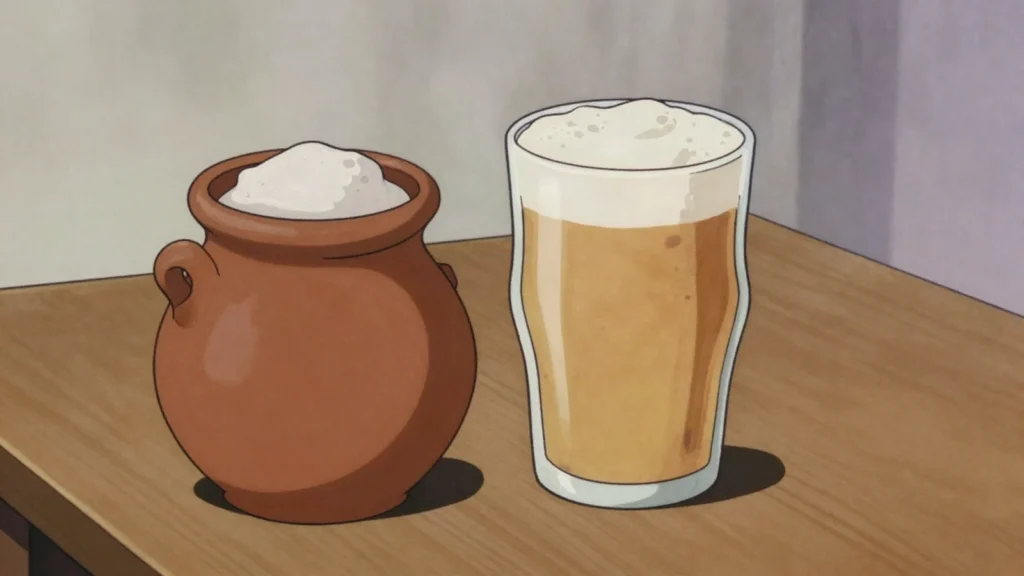 Hwahwa, home-brewed maize and millet beer, cloudy and sour, drunk from a clay pot, Zimbabwe wine & spirit, anime style
