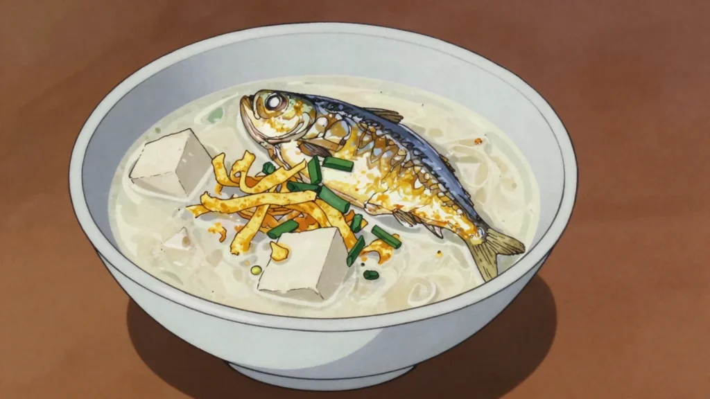 Hwangtae, pollock frozen and thawed on winter racks until golden and fluffy, North Korea charcuterie & cured, anime style