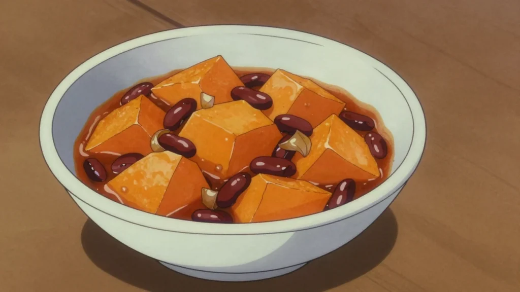 Ibihaza, pumpkin chunks simmered together with beans, Rwanda main, anime style