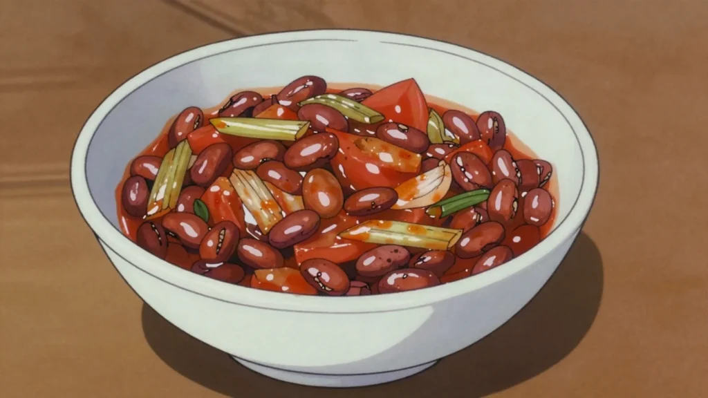 Ibishyimbo, red beans simmered long with onion, celery and palm oil, Rwanda salad & side, anime style