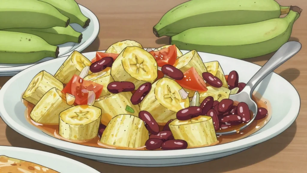 Ibitoke, steamed or grilled cooking bananas, everyday starch, Rwanda salad & side, anime style