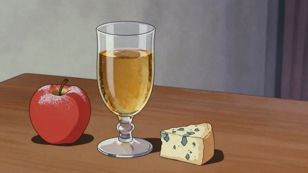 Ice cider, amber dessert cider from apples frozen after harvest, poured chilled with, Canada wine & spirit, anime style