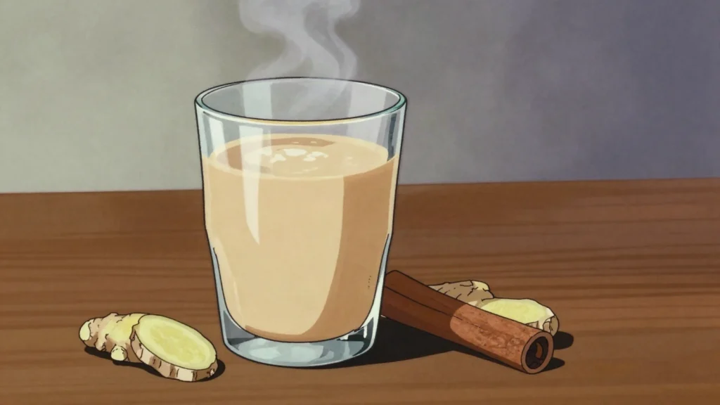Icyayi cy'amata, black tea boiled in milk with ginger and sugar, Rwanda drink, anime style