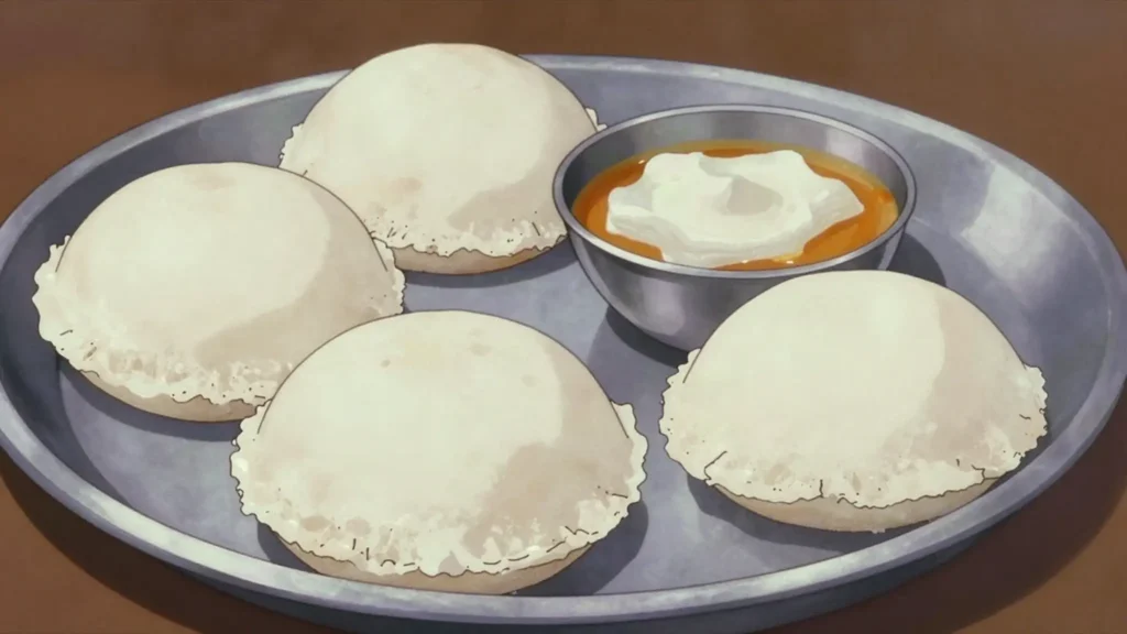 Idli, steamed fermented rice cakes with sambar and coconut chutney, India breakfast, anime style
