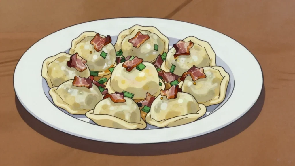 Idrijski žlikrofi, potato-filled dumpling pockets from Idrija, sauced with bacon, Slovenia main, anime style