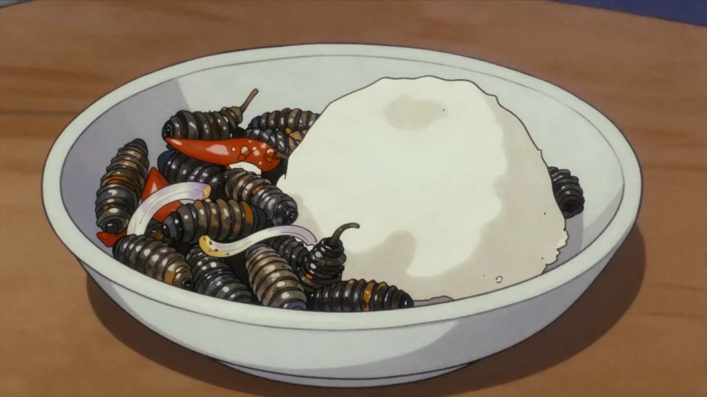 Ifinkubala, mopane caterpillars dried then fried with onion, protein-rich delicacy, Zambia snack, anime style
