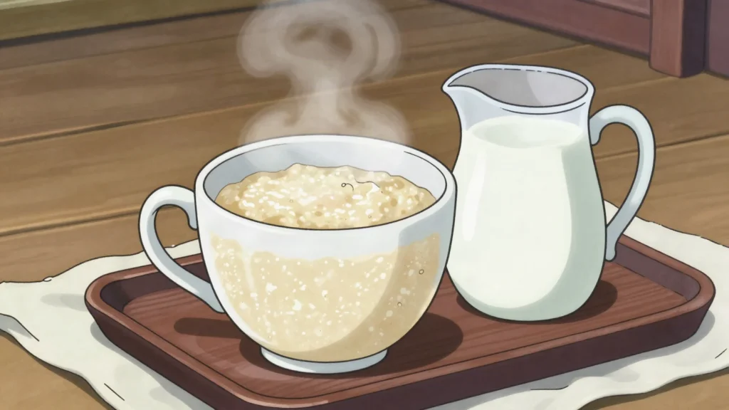 Igikoma, thin sorghum or maize porridge drunk hot from a mug at daybreak, Rwanda breakfast, anime style