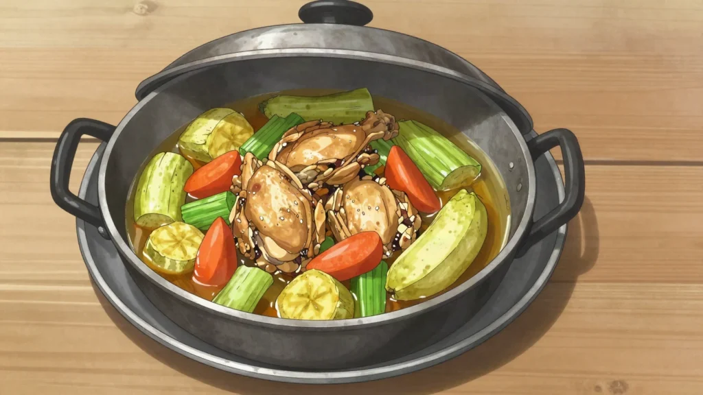 Igisafuliya, chicken, plantain and vegetables braised together in one covered pot, Burundi main, anime style
