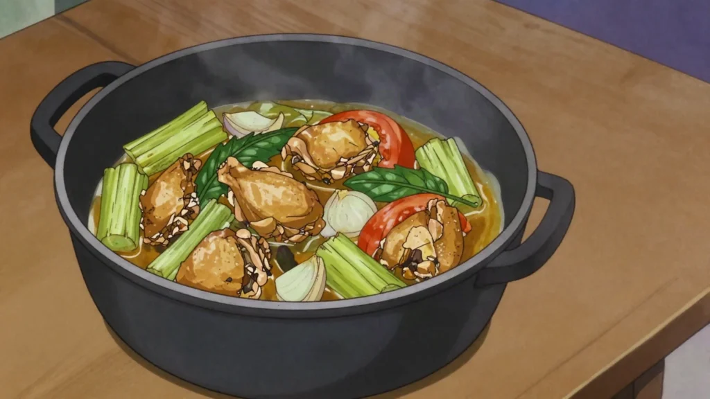 Igisafuriya, chicken, plantains and celery braised together in a pot, Rwanda main, anime style