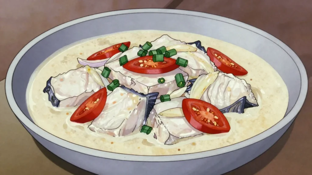 Ika Vakalolo, reef fish simmered in thick coconut cream with onion and chili, Fiji main, anime style
