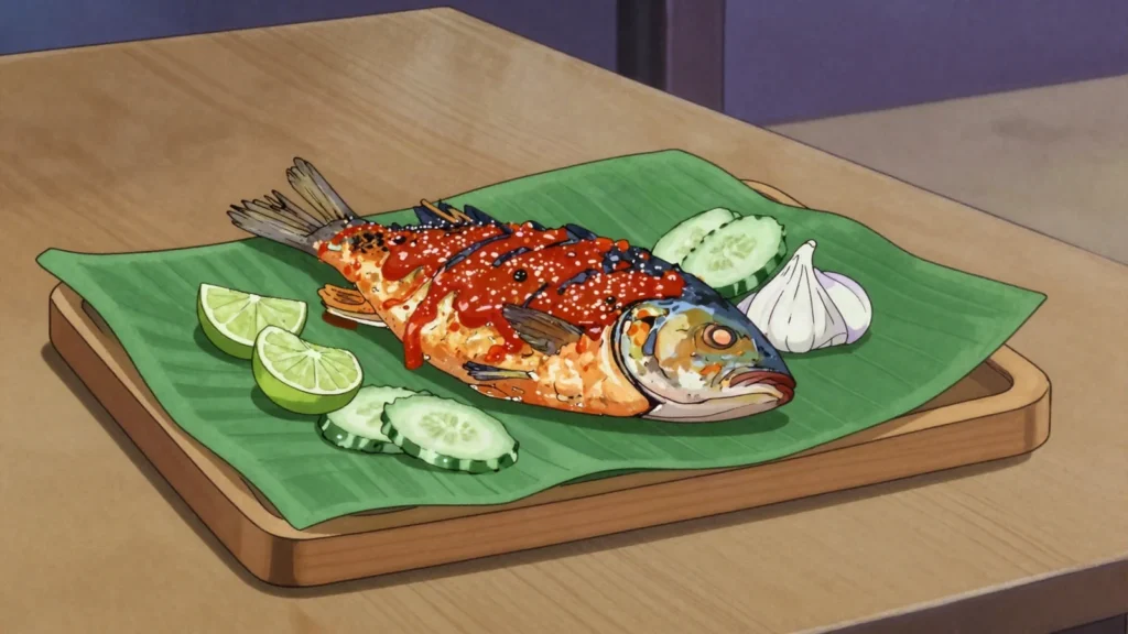 Ikan Bakar, banana-leaf grilled fish slathered with sambal, Malaysia main, anime style