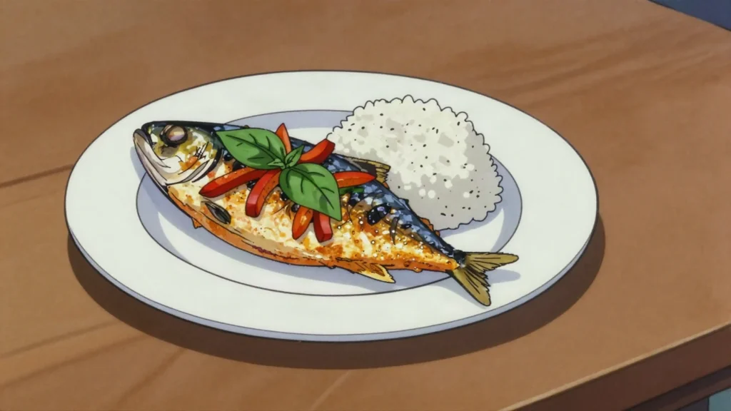 Ikan Sabuko, grilled mackerel with tamarind marinade, basil and capsicum, Timor-Leste main, anime style