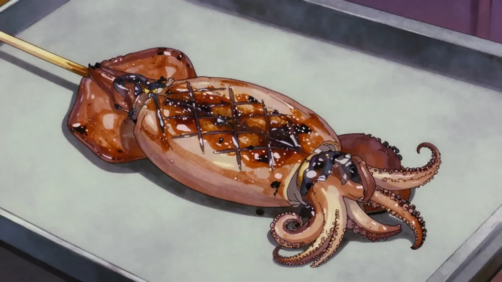 Ikayaki, whole squid grilled with soy glaze, eaten on a stick at festivals, Japan street food, anime style