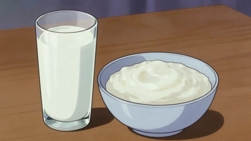 Ikivuguto, milk soured thick in a churn, drunk cold or poured over ubugali, Burundi cheese & dairy, anime style
